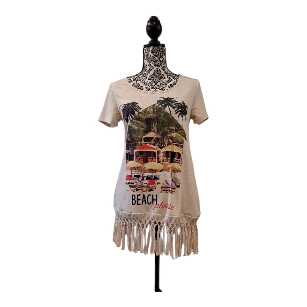 Style & Co beachy top Beige Beach Graphic Fringe T-Shirt size XS